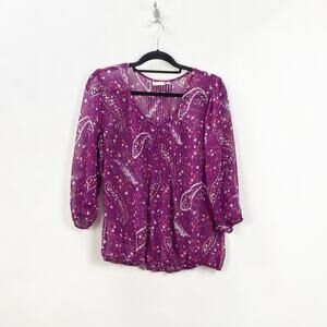 St John's Bay Medium Womens Fuschia Paisley Print Sheer Popover Top